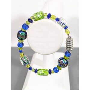 Boho Tribal Green Millefiori Art Glass Blue Venetian Bracelet Wedding Cake 7‎ in